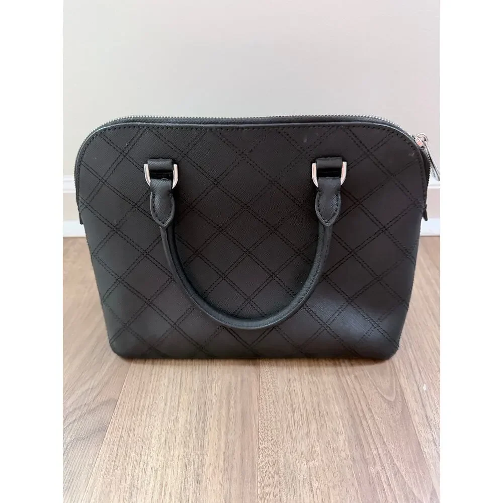Michael Kors Cindy Dome Top Handle Black Diamond Stitch Silver Tone Purse